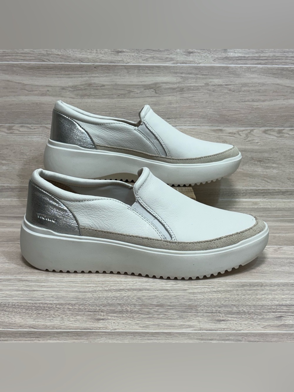 Vionic White Slip-On Platform Sneakers with Silver Heel Accent